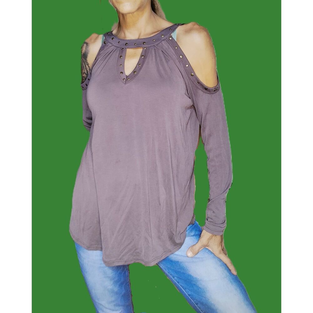 Edgy Dark Brown Cold Shoulder Long Sleeve Top  ~ Small ~ with Copper Studs